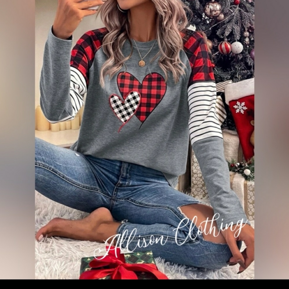 Buffalo Print Hearts Christmas Top